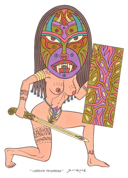 Warrior Priestess - Totemic warrior woman illustration