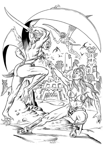 Slamazon fighting Harpy illustration in Femonsters 12